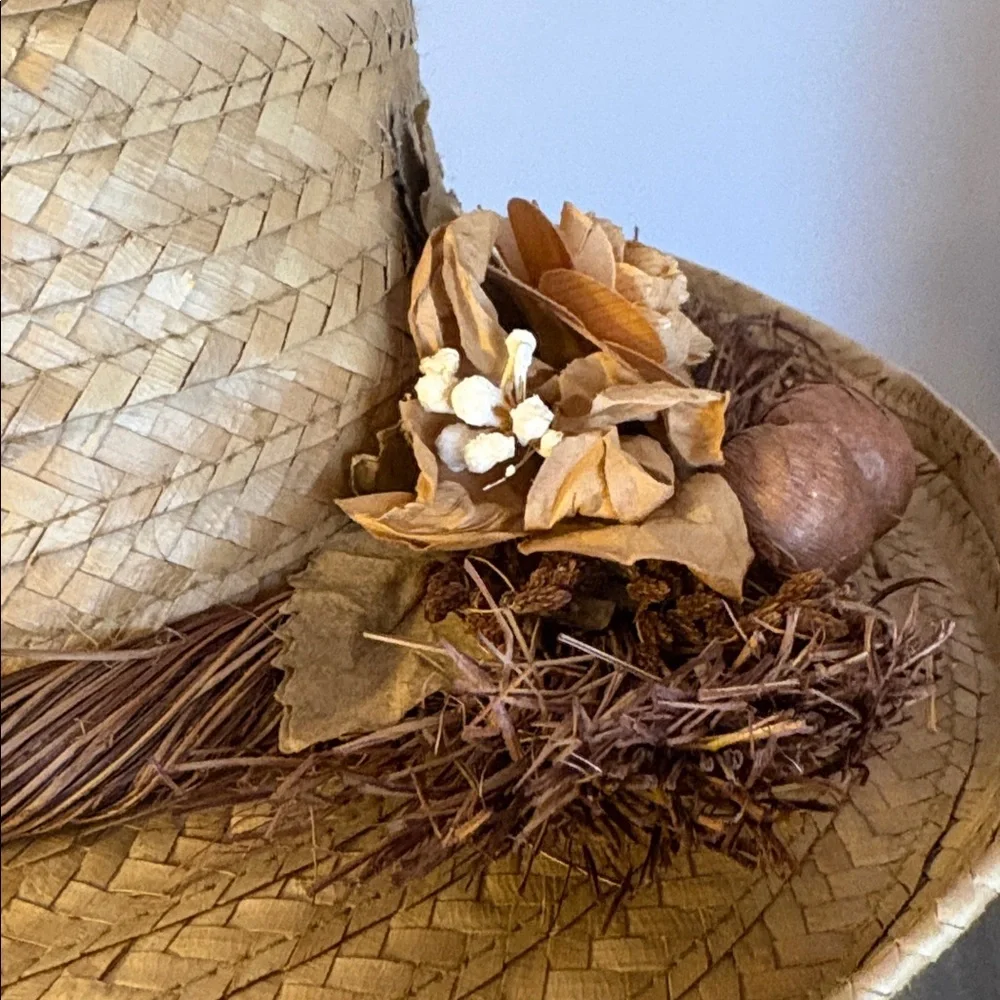 Made in Philippines Straw Wide Brim Hat With Rustic Floral Detail Cottagecore OS
